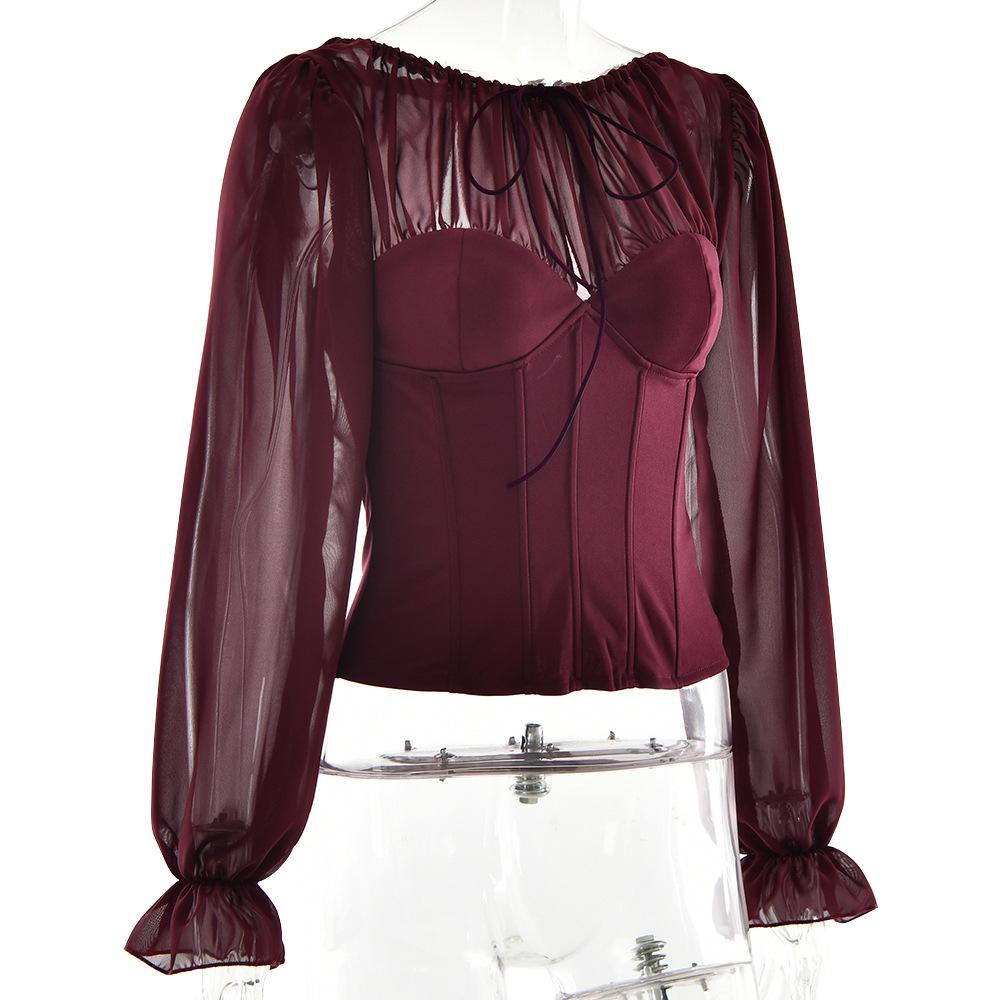 Long sleeve chiffon patchwork corset zip-up top