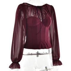 Long sleeve chiffon patchwork corset zip-up top