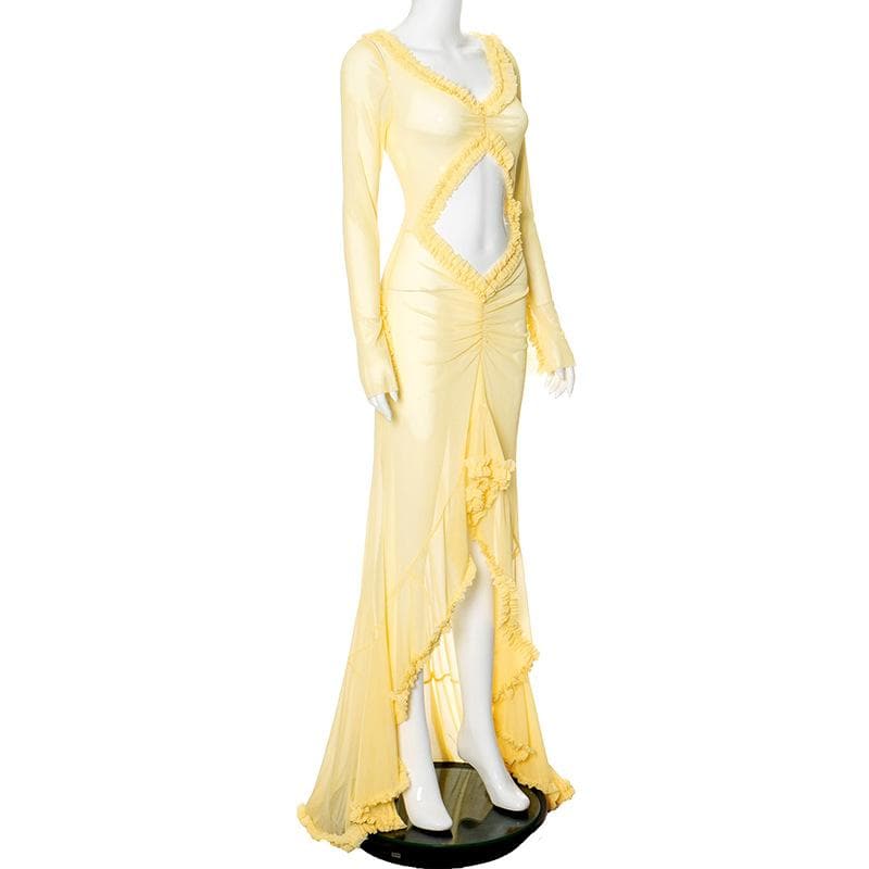 Long sleeve ruffle hollow out v neck sheer mesh cut out maxi dress  | samba dress