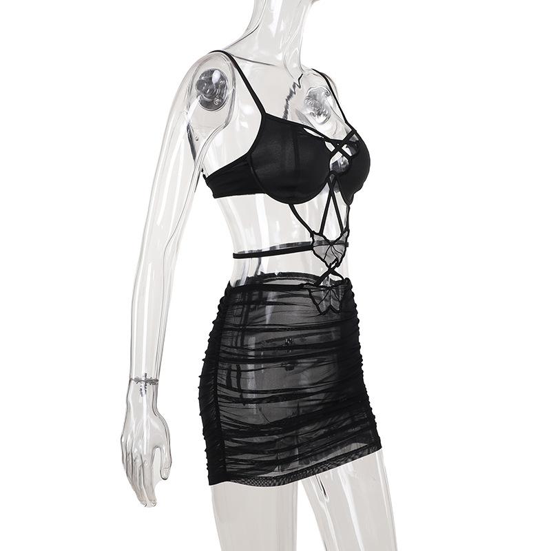 Cross front butterfly mesh hollow out cami mini dress  | black rave dress