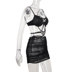 Cross front butterfly mesh hollow out cami mini dress  | black rave dress