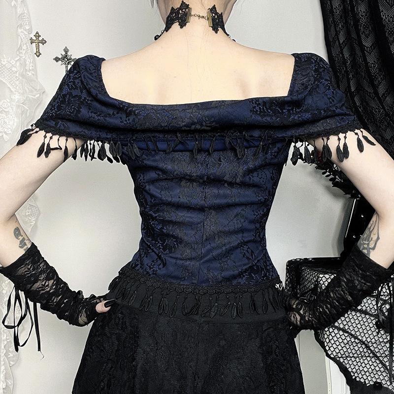 Off shoulder bowknot tassels lace top