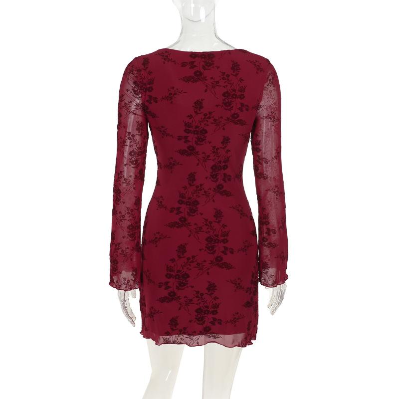Long sleeve flower pattern mesh self tie mini dress  | red tango dress