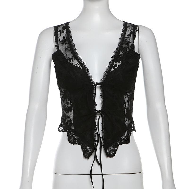 Deep v neck lace self tie button ruffle top