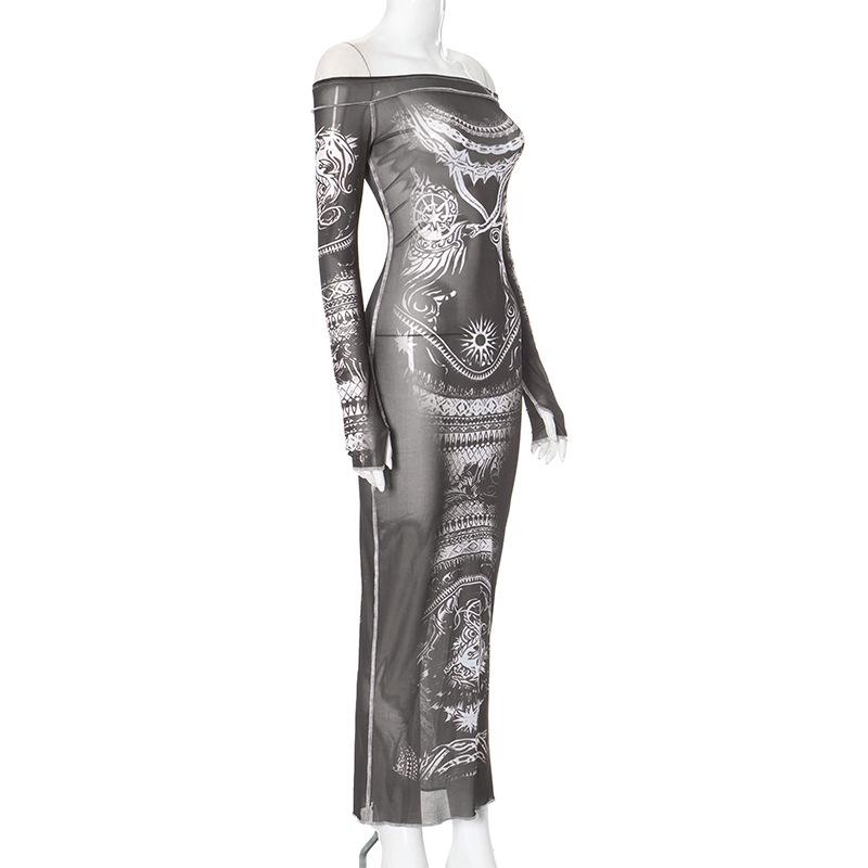 Long sleeve off shoulder abstract mesh maxi dress