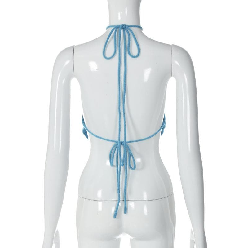 Knitted hollow out halter backless self tie cut out top