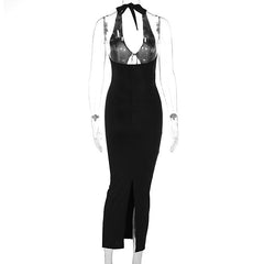 Halter hollow out backless v neck slit midi dress