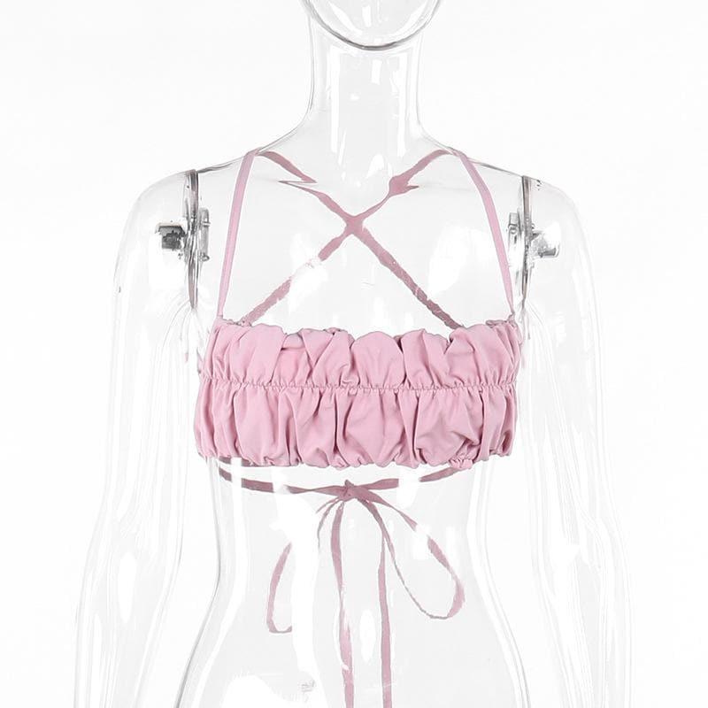 Ruched backless lace up cross back solid cami top