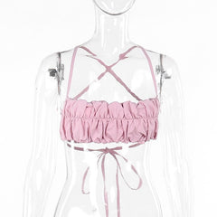 Ruched backless lace up cross back solid cami top