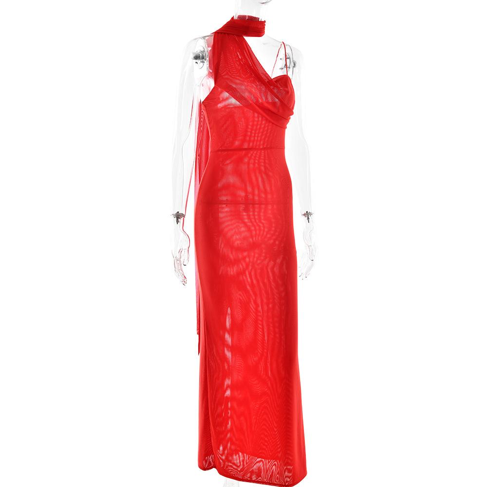 Halter mesh slit backless maxi dress  | red tango dress