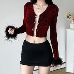 Long sleeve fluffy button zip-up crop mini skirt set