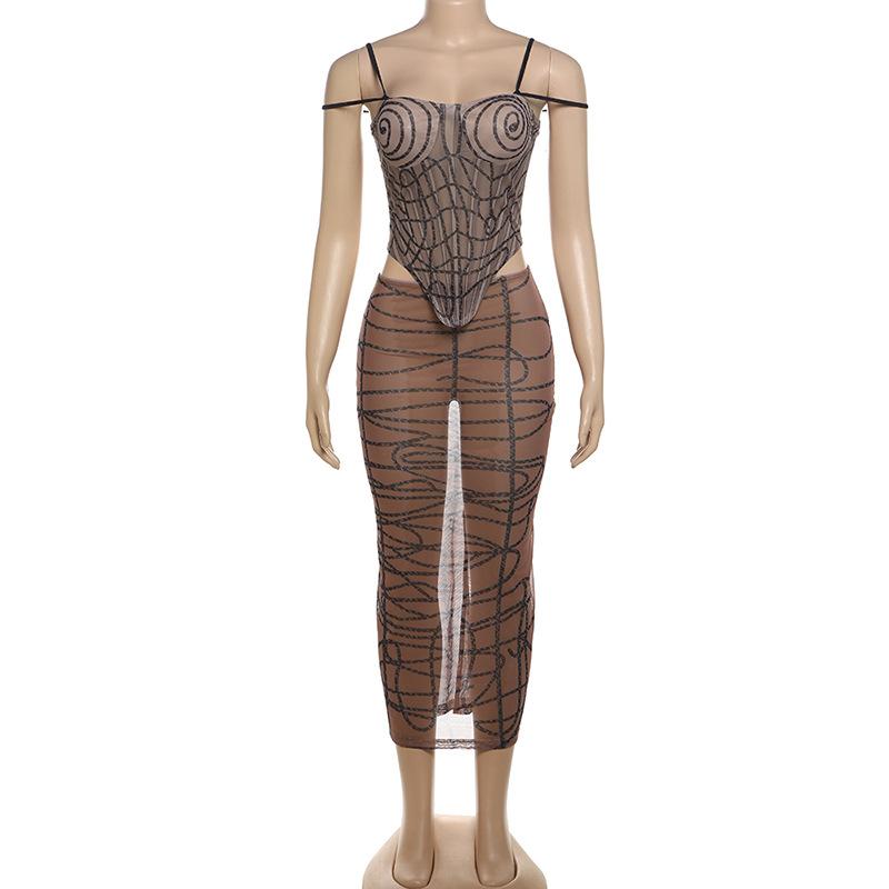 Sheer mesh striped print self tie cami mini skirt set