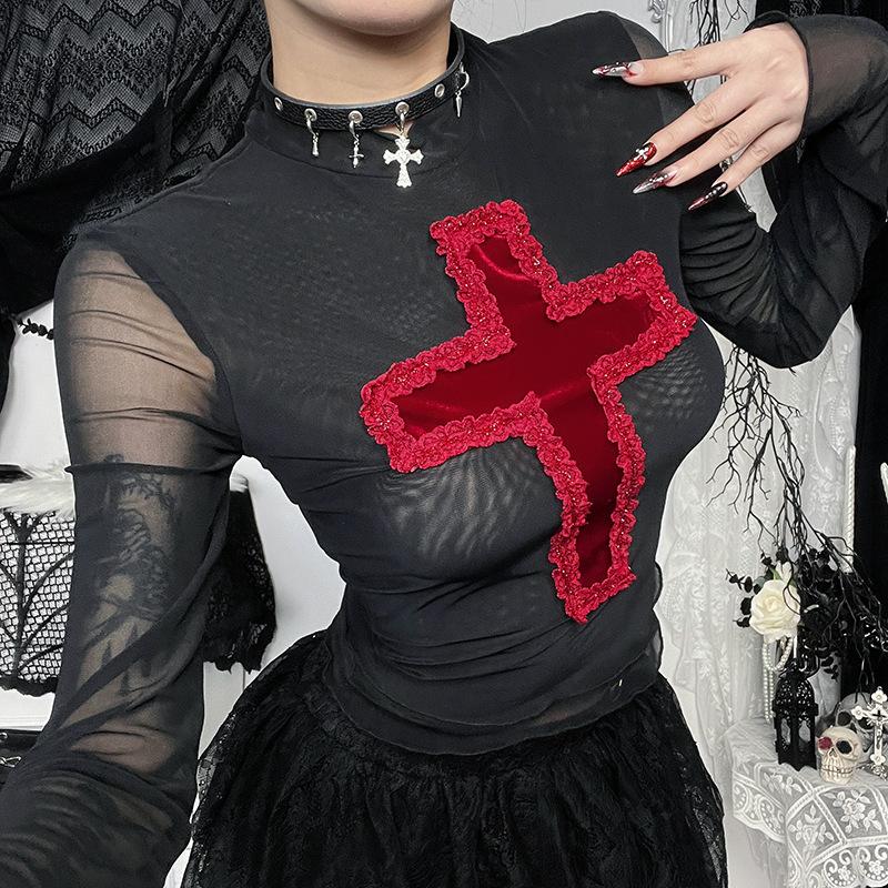 Crewneck long sleeve mesh cross pattern top