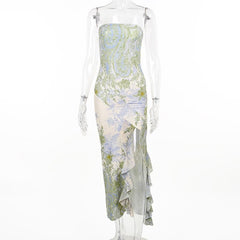 Flower print slit irregular contrast backless maxi dress
