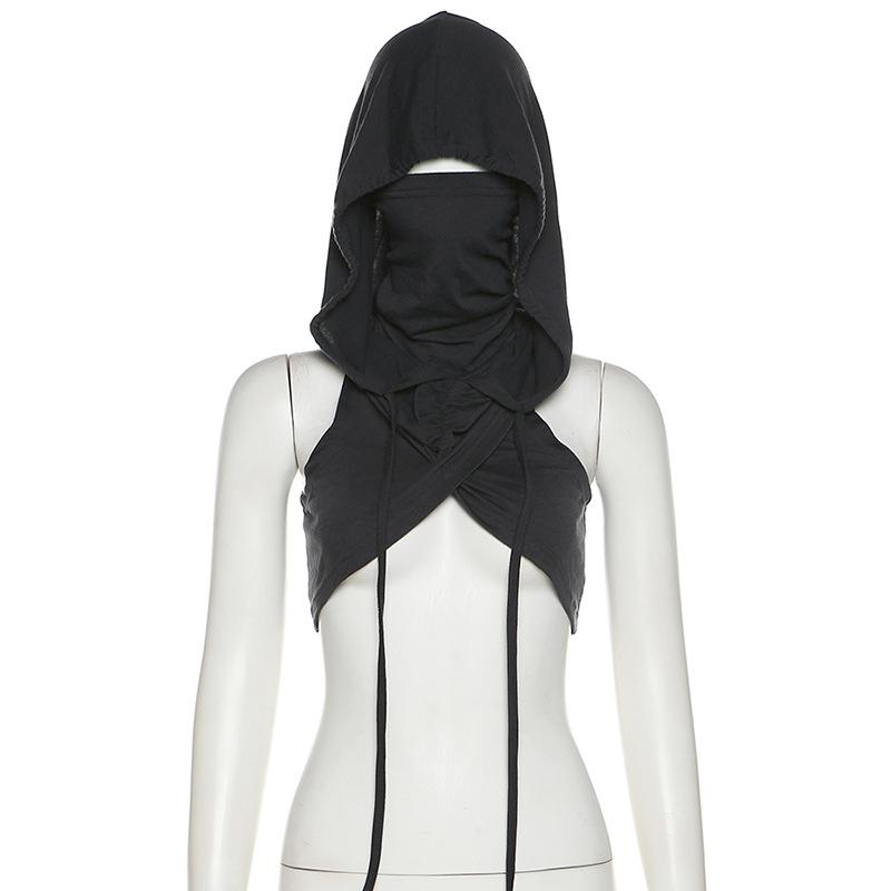Sleeveless hoodie drawstring cross front ruched top