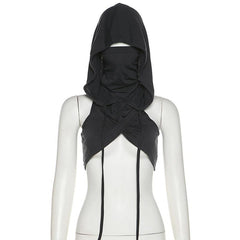Sleeveless hoodie drawstring cross front ruched top
