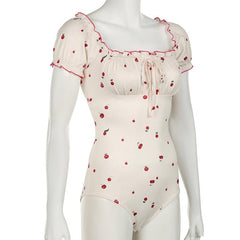 Short puff sleeve knotted ruched cherry print bodysuit