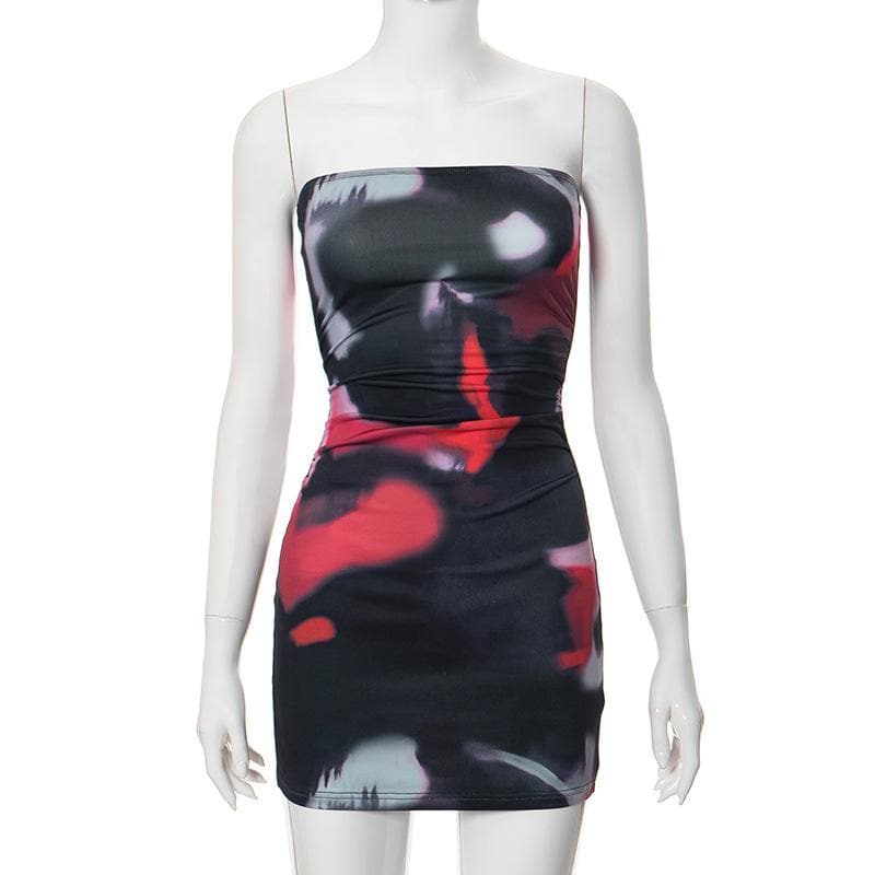 Ruched print contrast backless abstract tube mini dress  | red tango dress