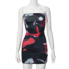 Ruched print contrast backless abstract tube mini dress  | red tango dress