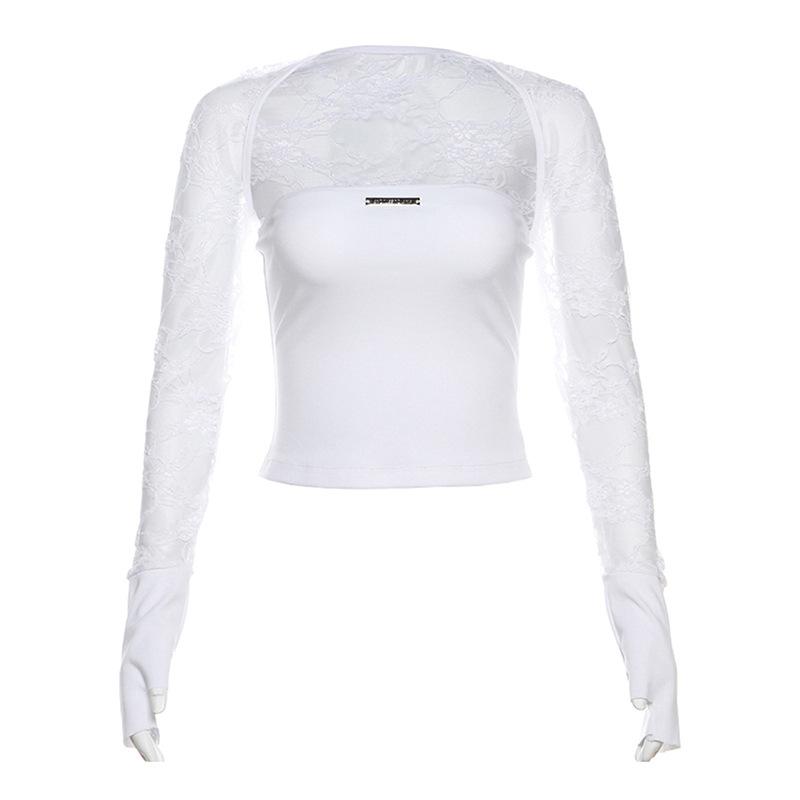 Lace long sleeve gloves metal tag shrug 2 piece top