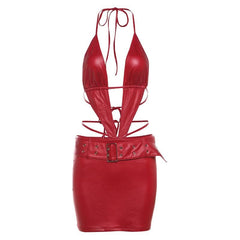 Halter buckle deep PU leather v neck backless mini dress  | red tango dress