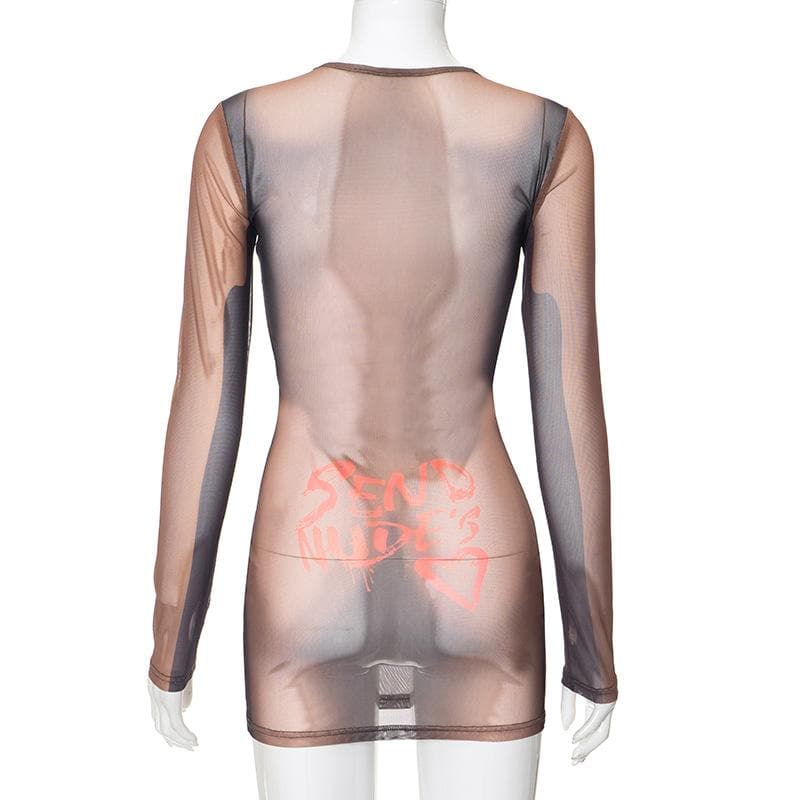 Long sleeve body print sheer mesh crewneck mini dress  | samba dress