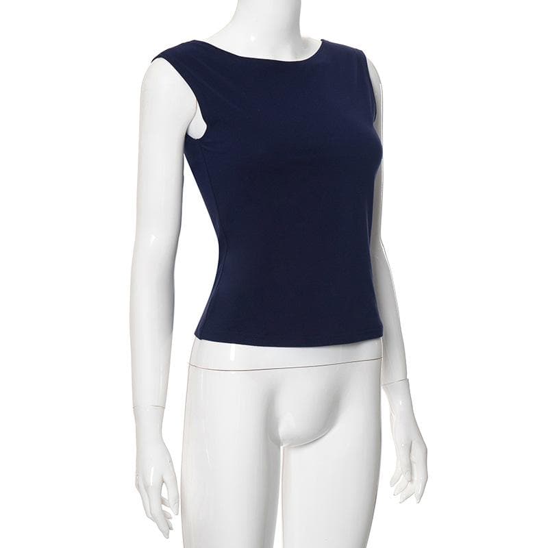 Self tie backless solid cap sleeve round neck top
