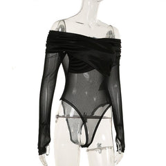 Off shoulder long sleeve mesh bodysuit