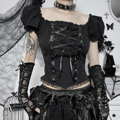 Short puff sleeve lace up self tie top