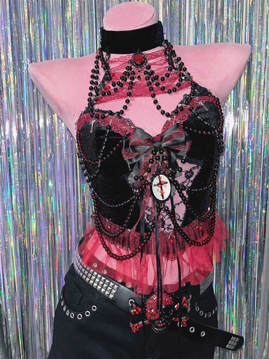 Halter beaded bowknot mesh lace hem top