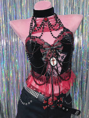 Halter beaded bowknot mesh lace hem top