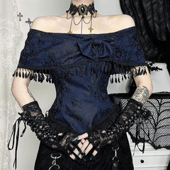 Off shoulder bowknot tassels lace top