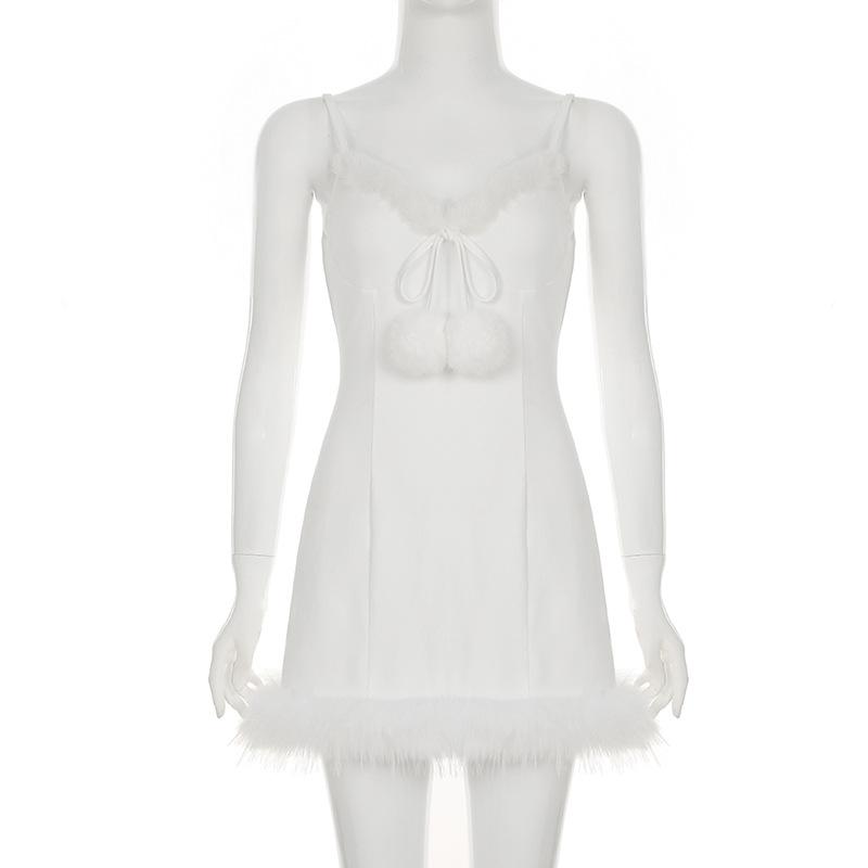 V neck fluffy cami mini dress