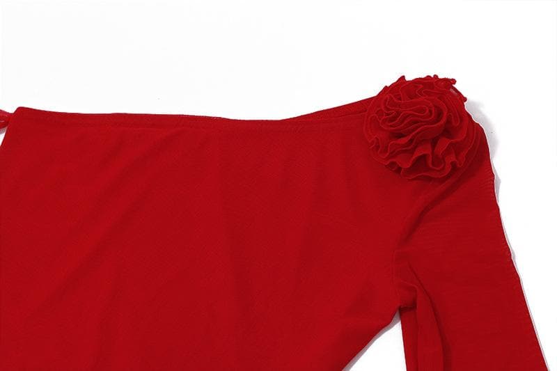Long flared sleeve one shoulder ruffle flower applique mesh mini dress  | red tango dress