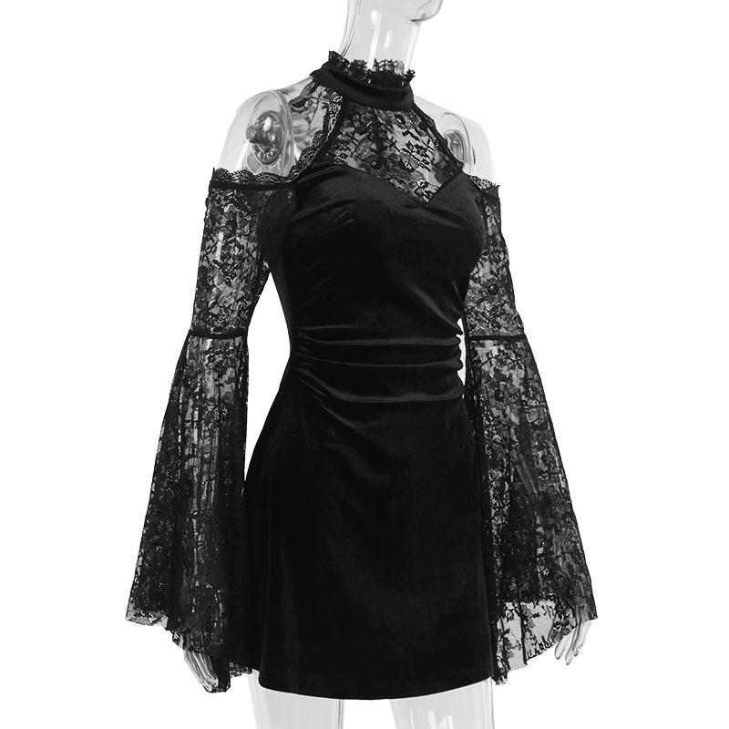 Off shoulder long flared sleeve lace velvet mini dress