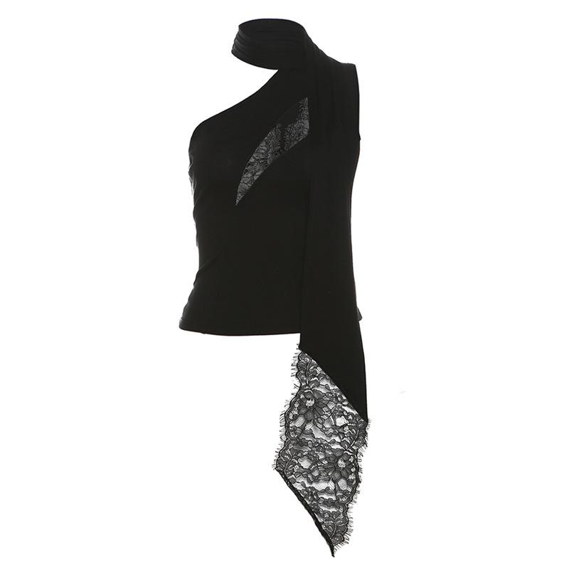 Halter one shoulder lace hem irregular top