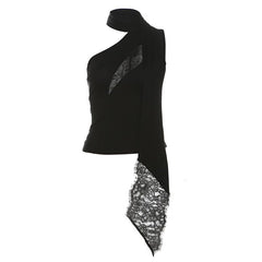 Halter one shoulder lace hem irregular top