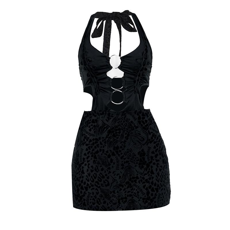 Halter leopard print o ring knotted mini dress