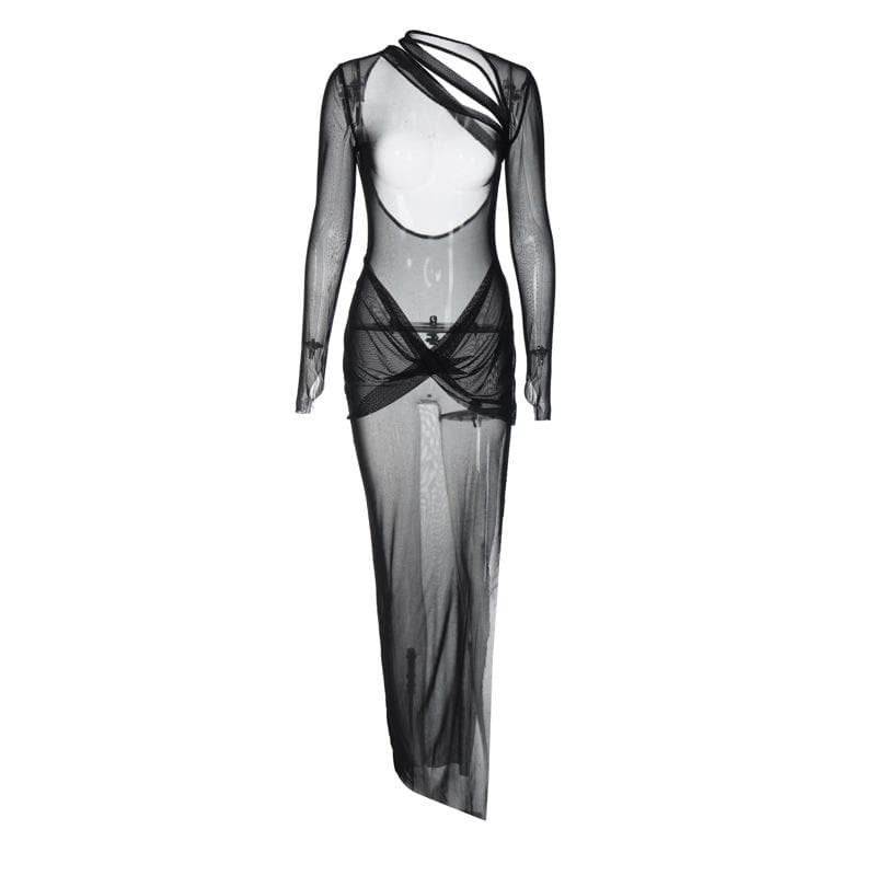 Sheer mesh long sleeve irregular backless see through slit maxi dress  | samba dress
