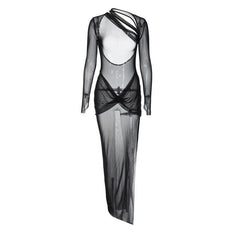 Sheer mesh long sleeve irregular backless see through slit maxi dress  | samba dress