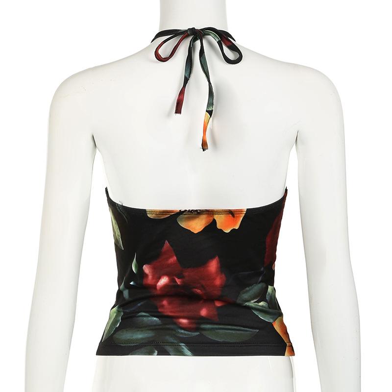Halter drawstring ruched hollow out flower print top