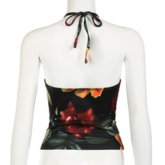 Halter drawstring ruched hollow out flower print top