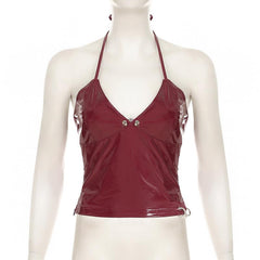 Halter v neck zip-up PU leather top