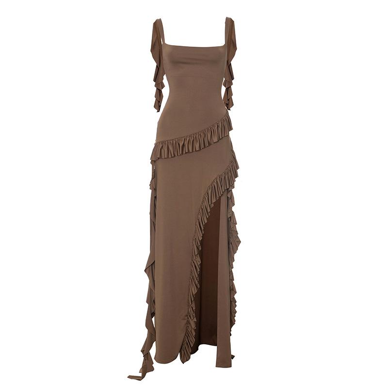 Square neck ruffle high slit cami maxi dress