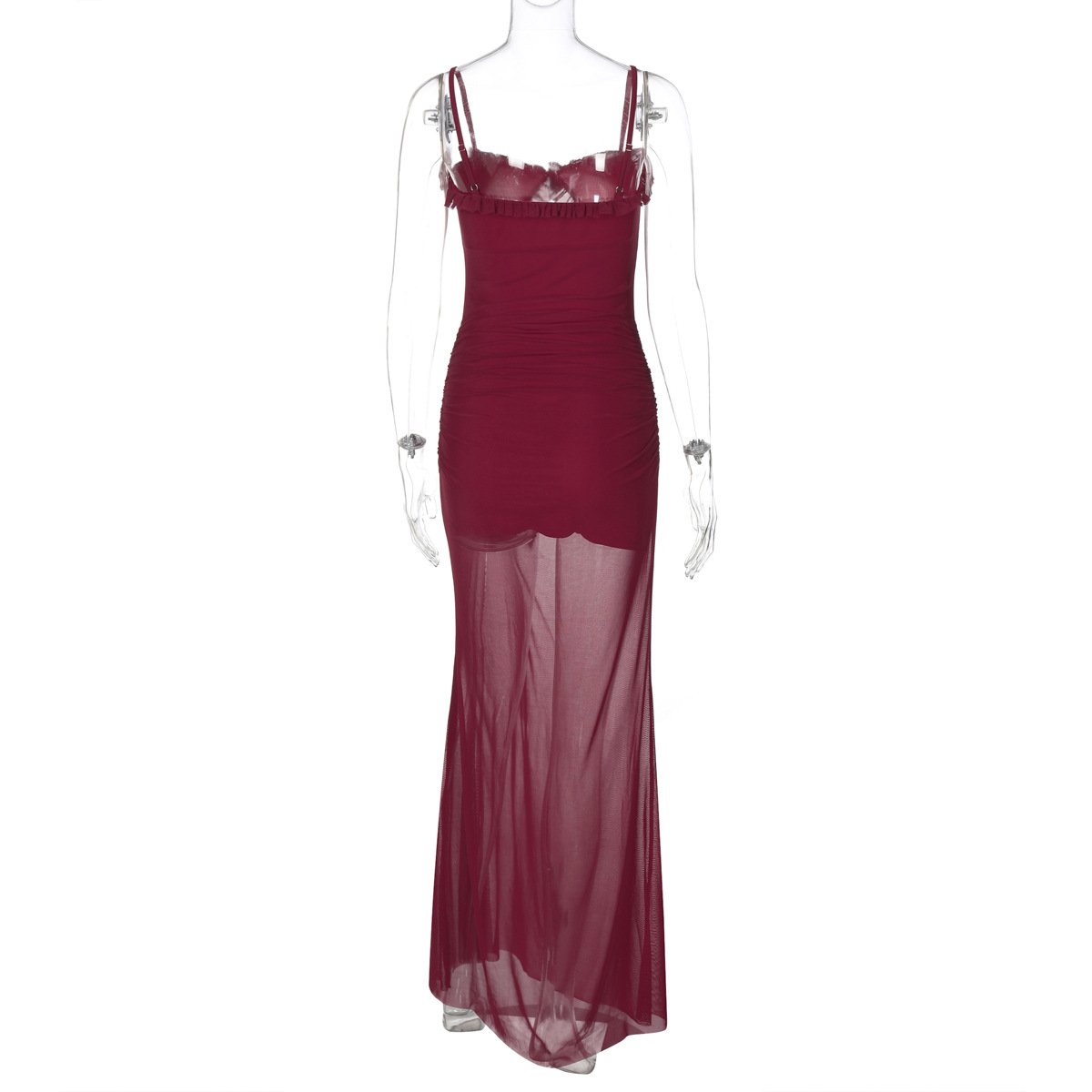 Hollow out mesh ruffle ruched cami maxi dress