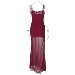 Hollow out mesh ruffle ruched cami maxi dress