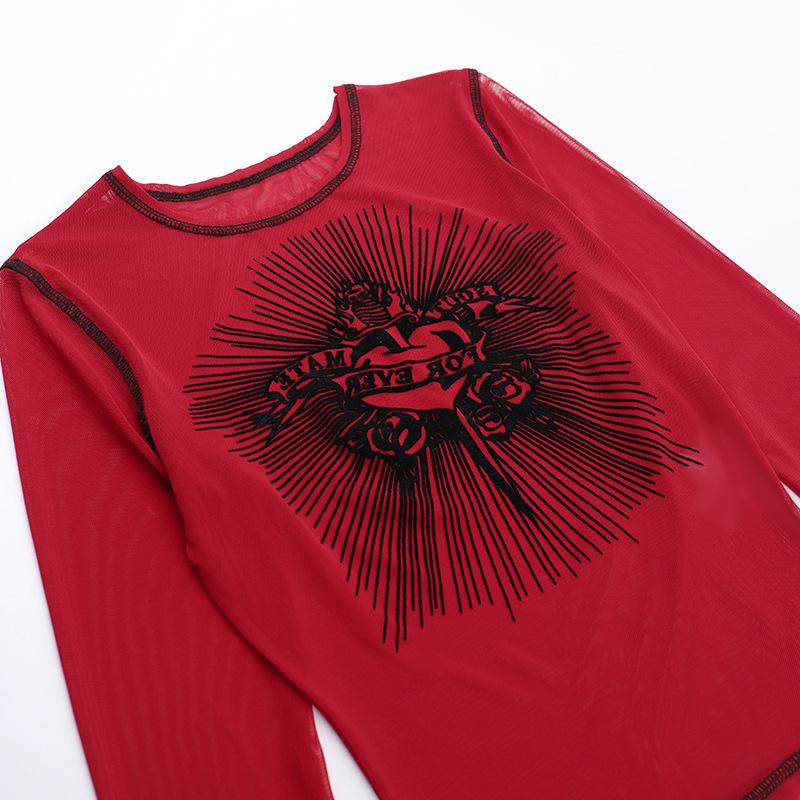 Crewneck long sleeve mesh abstract top