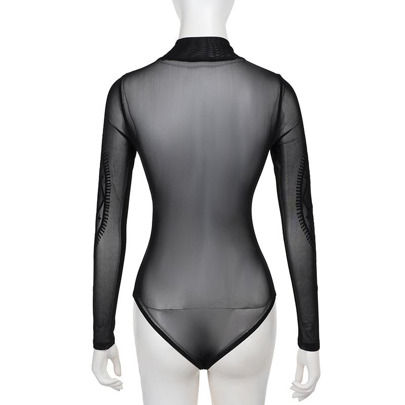 Long sleeve high neck sheer mesh eye print bodysuit