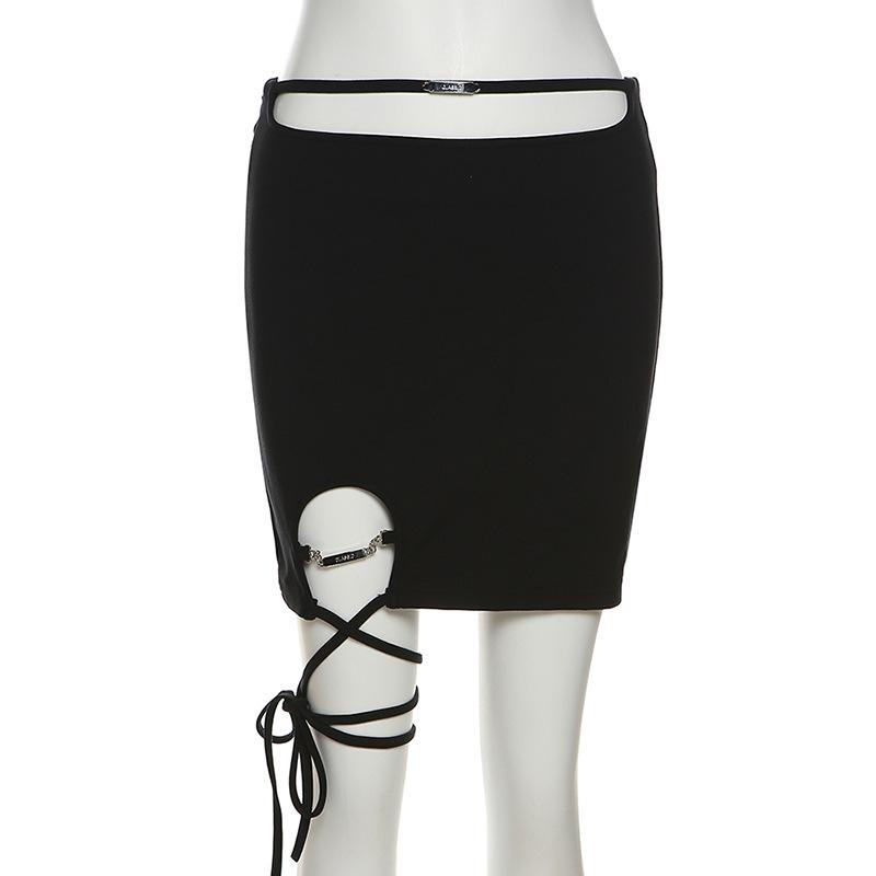 Hollow out metal chain self tie zip-up mini skirt