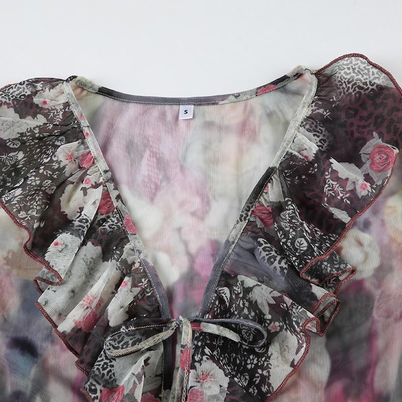 Long flared sleeve mesh abstract ruffle self tie top